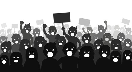 Aggressive crowd protesting with signs, expressing outrage through vocal shouting and discontent