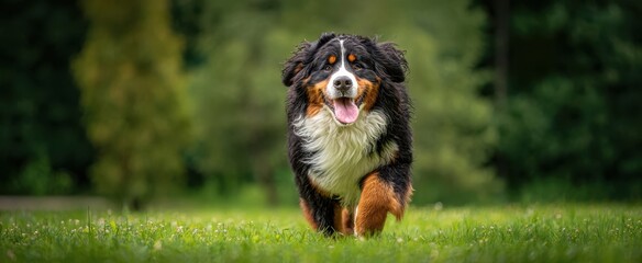 The Bernese Mountain Dog running toward camera across sunlit green grass field