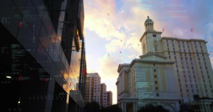 Sunset shift causing pale classical building hosting HUD overlays icons drifting up to show data