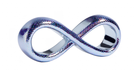 Shiny metallic infinity symbol with reflective, iridescent surface, isolated on transparency background, modern abstract design, symbolizing eternity, endlessness, and continuity