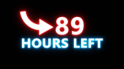 89 Hours left countdown number. Neon number with arrow icon illustration. Glowing countdown timer.