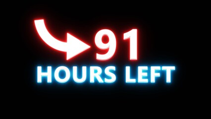 91 Hours left countdown number. Neon number with arrow icon illustration. Glowing countdown timer.