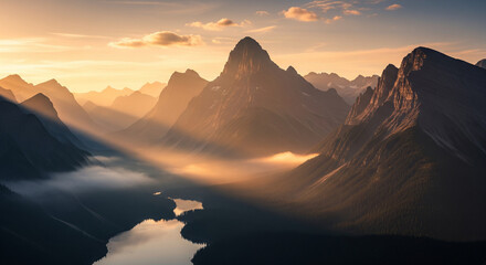 Aerial view of mountain range with fog and lake during golden hour with sun rays shining through the clouds