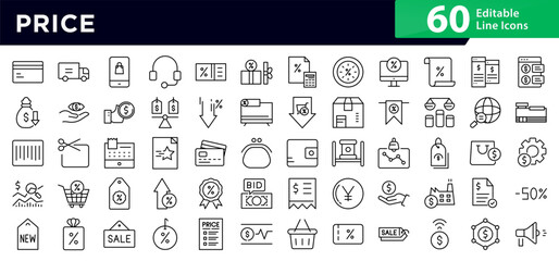 Price Line Icon Set. Price tag, discount, sale, cost, currency, billing, invoice, payment, shopping, e-commerce, money, wallet, finance, offer, promotion icons vector illustration. Editable stroke