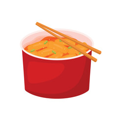 Korean spicy rice cakes Tteokbokki in paper bowl with chopsticks vector illustration