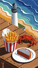Fototapeta premium Coastal boardwalk lunch with fries, crab and dessert on wooden pier near lighthouse overlooking colorful ocean waves