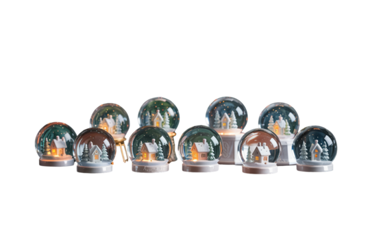 Elegant Crystal Snow Globe Collection with Miniature Winter Scenes, Transparent Background