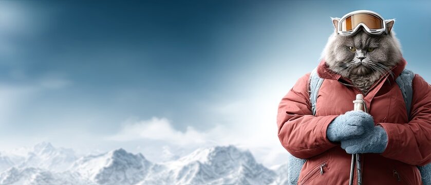 Cat dressed in winter ski gear with goggles stands in a snowy mountain landscape ready for a day of skiing or snowboarding