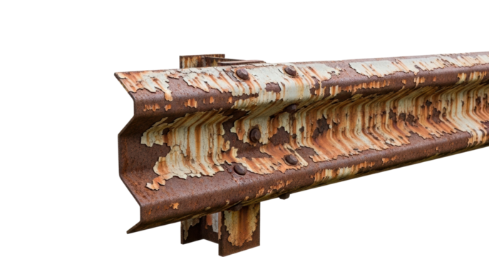 Rusty metal guardrail section urban installation photographic detail