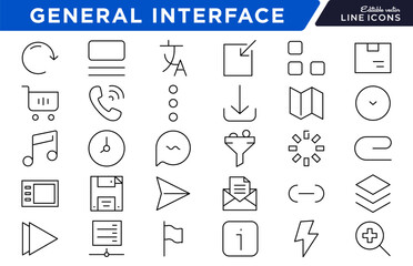 General Interface Line Icon Set. UI, UX, buttons, menus, navigation, settings, controls, toggles, layout, dashboard, web, app, digital interface icons vector illustration. Pixel-perfect stroke