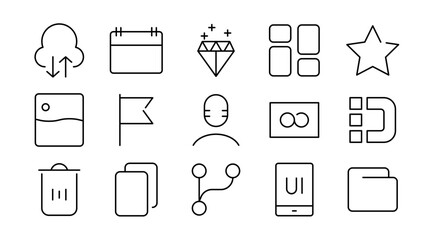 General Interface Line Icon Set. UI, UX, buttons, menus, navigation, settings, controls, toggles, layout, dashboard, web, app, digital interface icons vector illustration. Pixel-perfect stroke