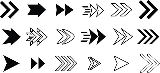 Collection of black and white arrow icons pointing right in various styles right arrow direction