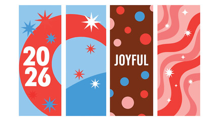 Celebrate the upcoming year with these vibrant and festive 2026 new year designs, featuring joyful typography, playful polka dots, and wavy patterns in a lively color palette of red, blue, and brown
