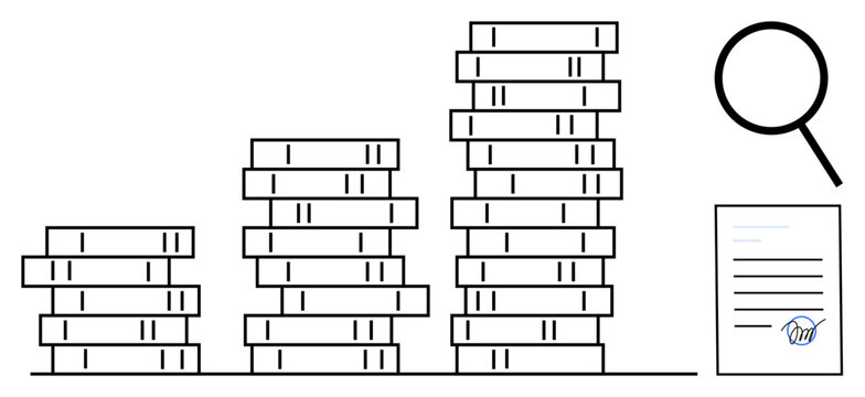 Stacks of books symbolize knowledge and study, paired with a signed document and magnifying glass for review. Ideal for education, research, legal analysis, documentation, learning, academic work