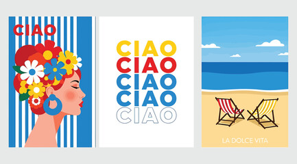 A vibrant collection of three summerthemed posters, each exuding a unique charm a woman adorned with flowers, a playful repetition of ciao, and a serene beach scene with deck chairs
