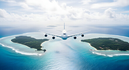 Naklejka premium Aerial Adventure a Passenger Airplane Flies Above Tropical Islands Offering Stunning Views Ecotourism is Booming as Planes Deliver Tourist to this Island Paradise