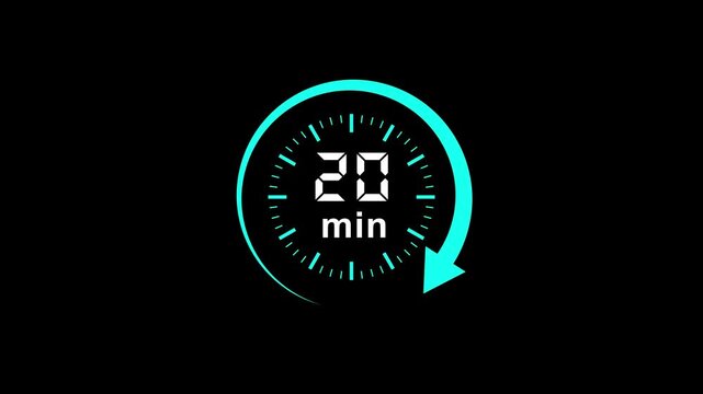 Video timer icon animated with 20 min. Stopwatch icon in flat style. 20 minute timer symbol, isolated on transparent background with alpha channel.