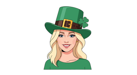 Charming woman adorned with green hat and shamrock emblem celebrates Saint Patrick's Day