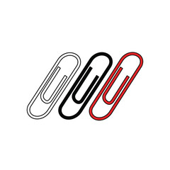 Obraz premium Three paperclips in a row, one outlined, one black, and one red, isolated on white background.