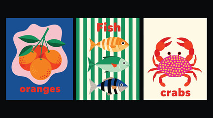 Colorful illustrated food and animal panels featuring oranges, fish, and crabs with stylized backgrounds and bold typography, ideal for educational, decorative, or culinary-themed creative projects.