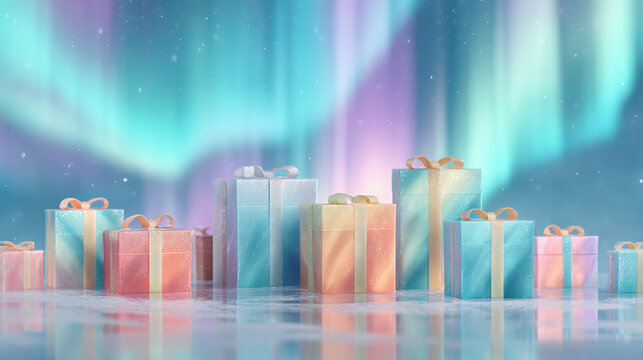 Gift boxes under the Northern Lights with vibrant colors