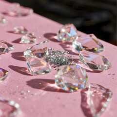 Shiny Crystals, Pink Surface, Sparkling Light, Glitter Effect, Gemstones