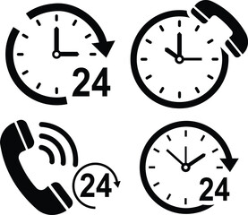 Four black icons showing 24 hour service with clocks and phone receivers time telephone