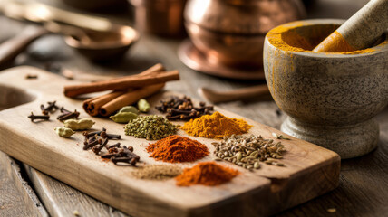 Exotic spices and mortar offer culinary inspiration for vibrant dishes, inviting creativity and warmth in cooking, perfect for food bloggers and chefs alike