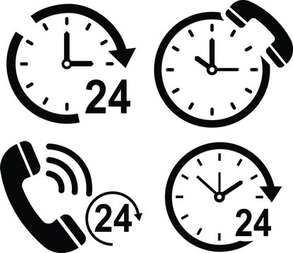 Four black icons showing 24 hour service with clocks and phone receivers time telephone