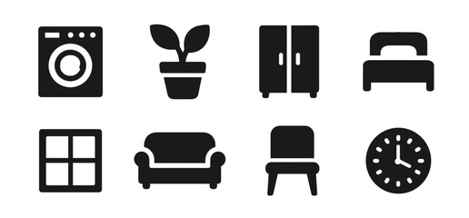 Home and interior icon collection in black. Includes washing machine, plant pot, wardrobe, bed, window, sofa, chair and wall clock. The icons are simple, bold, and clear for universal household use