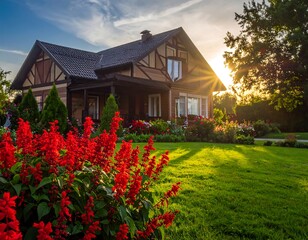 Charming house nestled in a lush garden, bathed in the warm glow of the setting sun