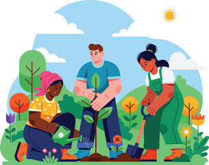 Flat Vector Illustration: Community Tree Planting and Reforestation