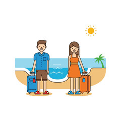 Couple embarking on a coastal escape, poised for seaside adventures with luggage in tow ready to
