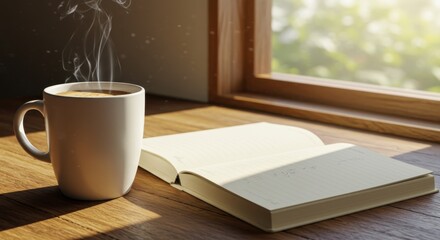 Steaming hot beverage rests beside open notebook bathed in warm sunlight near a window