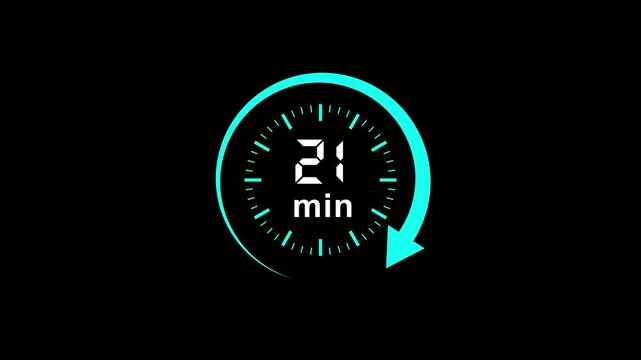 Video timer icon animated with 21 min. Stopwatch icon in flat style. 21 minute timer symbol, isolated on transparent background with alpha channel.