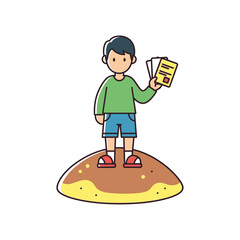 Illustrative depiction of a youthful individual exhibiting papers atop a sandy surface design