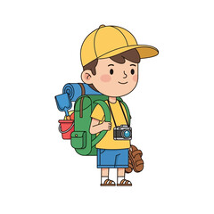 Adventurous young boy cartoon character on a bright journey with his backpack and camera ready for