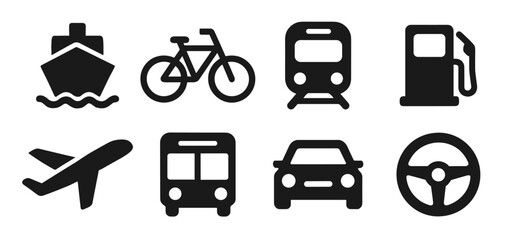 Obraz premium Transport icon collection in black. Includes ship, bicycle, train, fuel pump, airplane, bus, car and steering wheel. The icons are simple, bold and suitable for travel or mobility themes