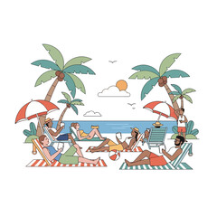 Coastal relaxation depicting diverse individuals enjoying a sunny day by the ocean with gadgets