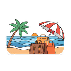 Idyllic tropical beach scene with travel bags and sun umbrella evokes a sense of vacation relaxation