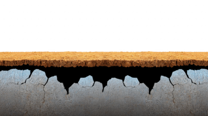 Cracked soil cross section dry earth texture brown dirt layer above broken gray rock erosion concept geology background environmental impact natural disaster barren land isolated on black