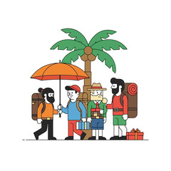 Adventurous companionship: A group of friends explore together with supplies and gifts under the