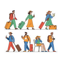 Diverse group of vacationers with luggage exploring destinations or journeying worldwide