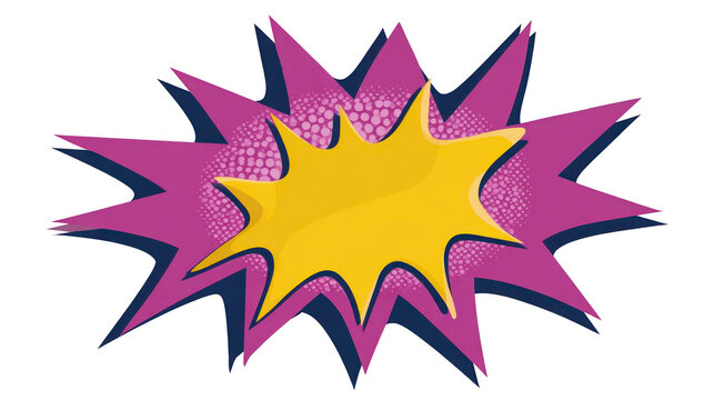 Yellow comic speech bubble with purple spiked background, pop art style, dynamic explosion shape, retro cartoon design, energetic and playful mood, suitable for graphic decoration