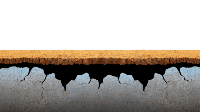 Cracked soil cross section dry earth texture brown dirt layer above broken gray rock erosion concept geology background environmental impact natural disaster barren land isolated on black