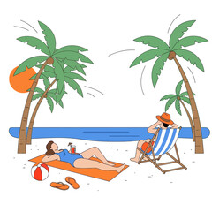 Idyllic Beach Escape: Couple Enjoying Tropical Serenity with Palm Trees and Ocean View