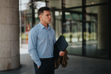A confident business professional stands outside a modern office, holding a folder and coat,...