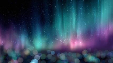 Aurora borealis lights over a city at night, with a blurred bokeh effect