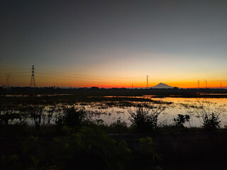 sunset over rice fields with electricity tower poles and mountains