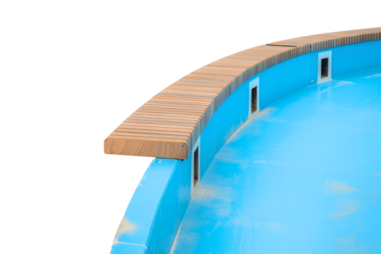 Curved blue pool border with wooden slat bench seating isolated on a transparent background